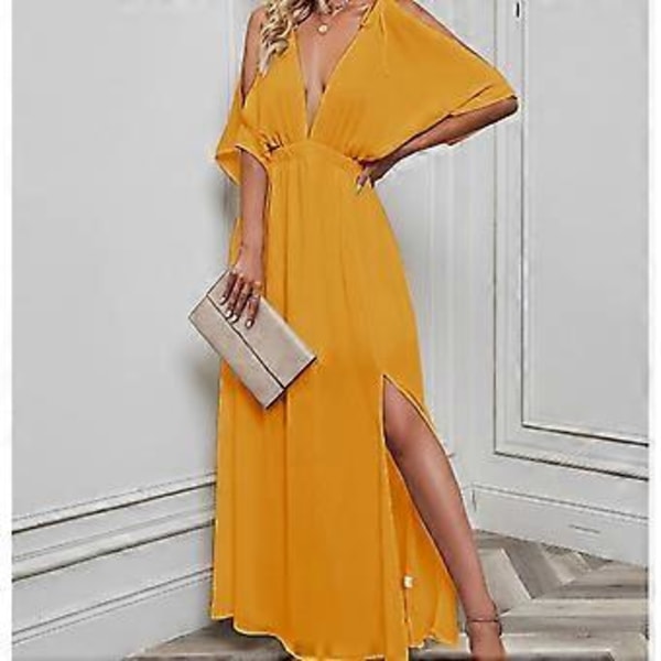 Lang kjole for kvinner, dyp V-hals, lett chiffon, høy splitt, elegant sommerkjole for damer