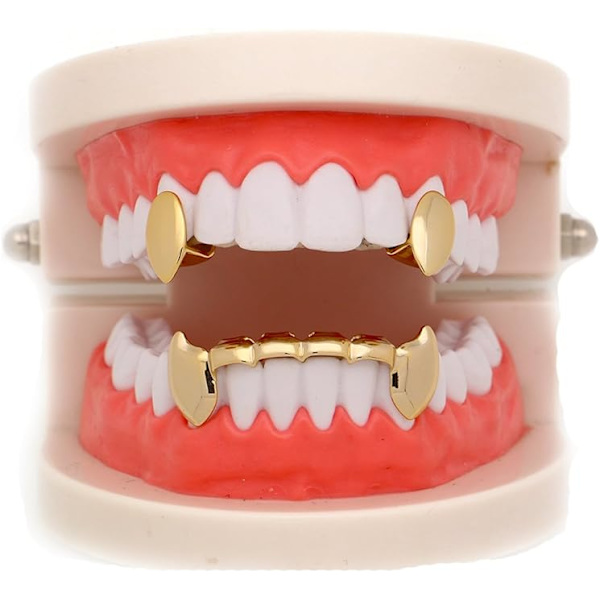 14k Guld Vampyr Dracula Tänder Grillz 2st Singel Fångar och 6 Bott