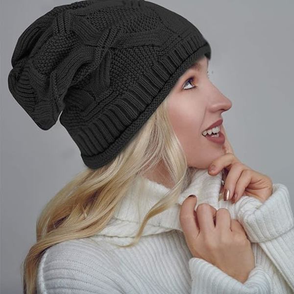 Mode 2-pack - Svart & mörkgrå slouchy mössa för damer, vinterstickad