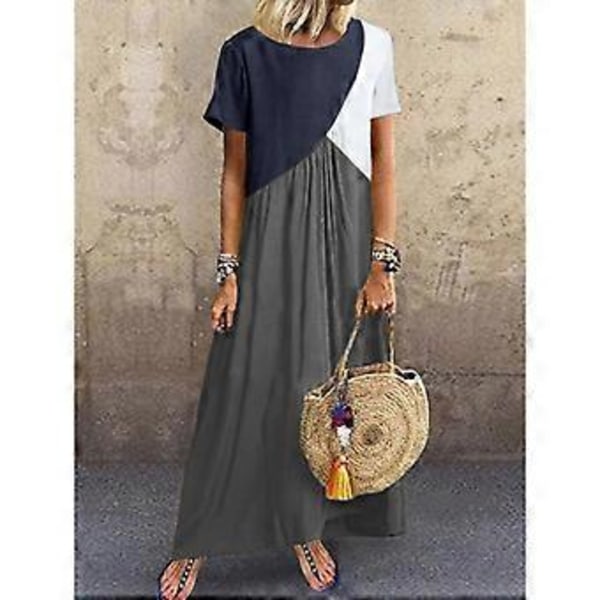 Dame Farveblok T-shirt Kjole Kortærmet Maxikjole Afslappet Løs Lang Maxikjole Strand Lang Kjole Swing Kjole Fuchsia S Fuchsia S