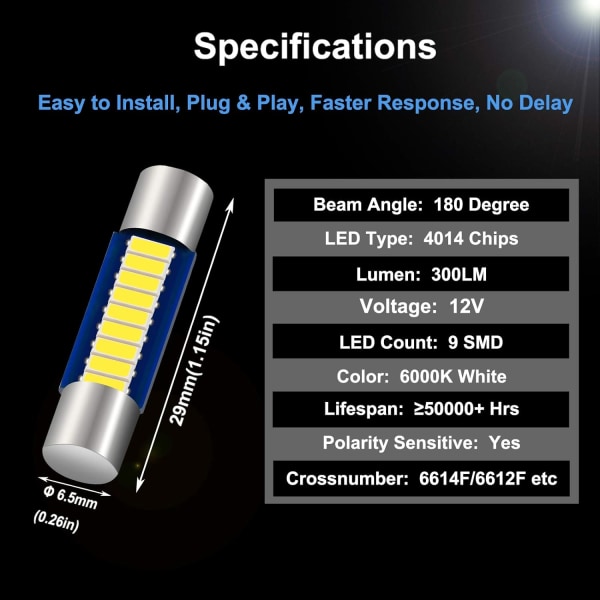 6 kpl 29 mm 6614F Festoon LED-autonpolttia, erittäin kirkas 9-SMD 401