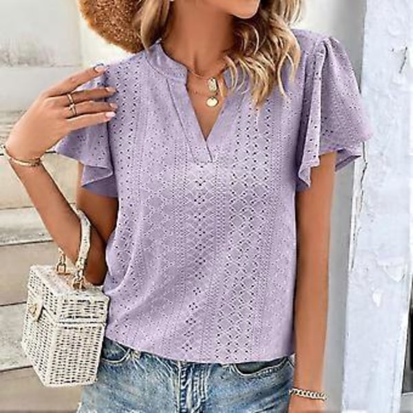 Lilla XL Hul Ruffle Erme Bluse V-hals Ensfarget Kortermet Bluse Topp for Kvinner Dame Jente