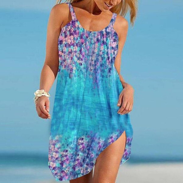 Ærmeløs Blomsterkjole Casual Sommerkjole Mini Tank Kjole Dame Strandkjole Qxuan.XL.Lyseblå Light Blue XL