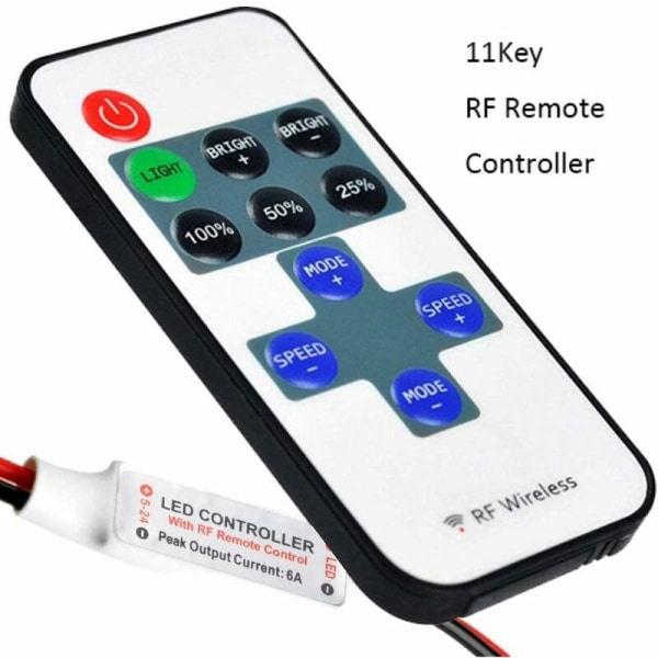 2-pack RF Mini Monokromatisk Controller med DC 11-tangenters Trådlös Fjärrkontroll för Dimbar 3528 5050 LED-remsa, 2-stifts Trådkontakt