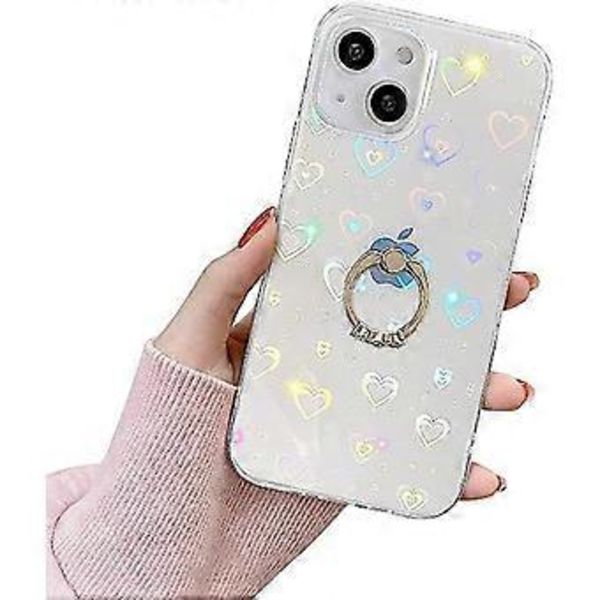 Kompatibel med iPhone 13 Skal, Klar Glittrig Laser Stötsäker Skyddande Fodral med Diamantring Ställ Mode Färgglatt Glitter Kärlek Hjärta