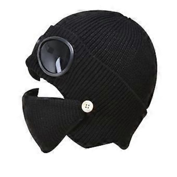 Stickad mössa med skyddsglasögonmask svart