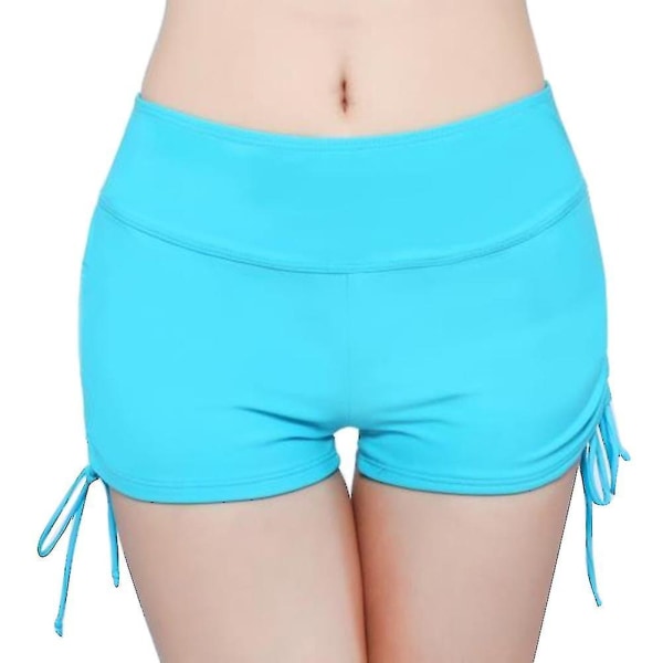 Kvinnor Enfärgad Bikini Bottensida Plisserat bandage Beach Swim Shorts.L.Lake Blue