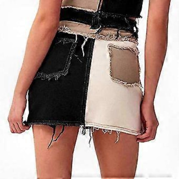 Naisten muodikkaat väripalablokki-midikorkuiset kulutetut stretch-denimihameet Black 2XL