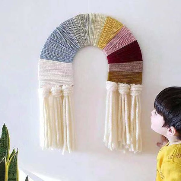 Håndvævet macrame vægophæng, regnbue gobelin vedhæng - natura