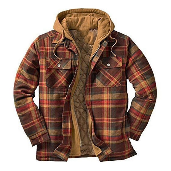 Vattert Tykk Rutete Langermet Løs Jakke Herre Hettegenser Vattert Foret Flanell.2XL.Brun Brown 2XL