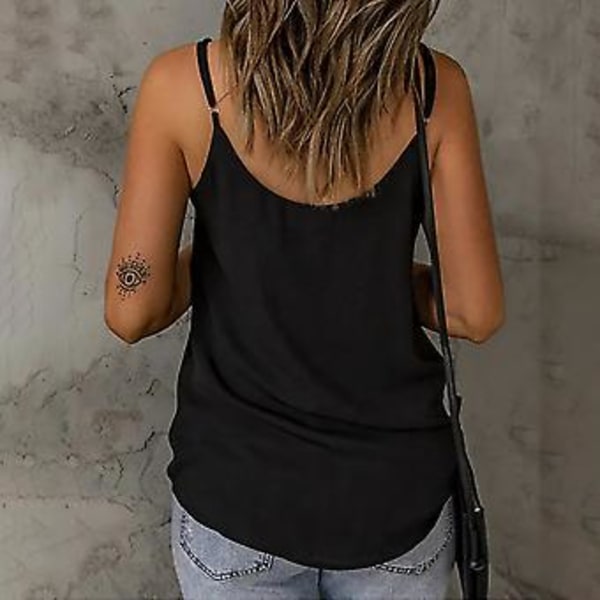 Dame Sommer Topp Casual Spaghetti Stropp Ermeløs V-hals Gjennomsiktig Mesh Ensfarget Skjorte Topp (XXL Svart) Black XXL