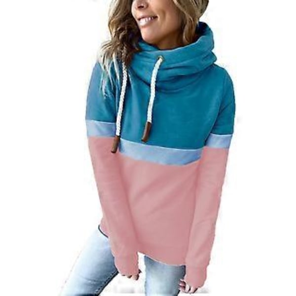 Dame Hættetrøjer Ensfarvet Farveblok Turtleneck Hættetrøje Dame Casual Hættetrøje til Efterår Vinter Søblå og Pink L