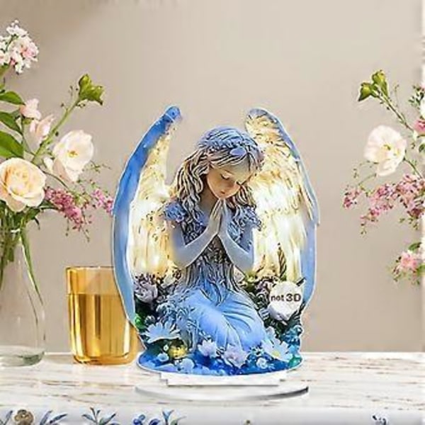 Kvinde Himmelsk Ornament Med Vinge Bedende Fladt Akryl Ornament Boligdekoration Blue
