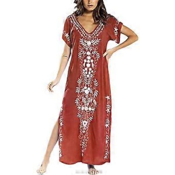 Dame Broderi Kortærmet Bikini Badedragt Cover Up Side Split Strandkjole (style1514)