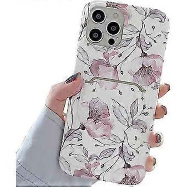 Suunniteltu iPhone 12 Pro Max -kotelolle korttipidikkeellä, korttipaikalla varustettu kukka-aiheinen kotelo naisille ja tytöille, TPU-puskuri, akryylinen takakansi, ohut suojaava puhelinkotelo