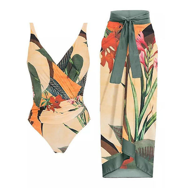 1 sæt kvinder monokini trykt strop rygløs polyester dame strand monokini.L.Abrikos