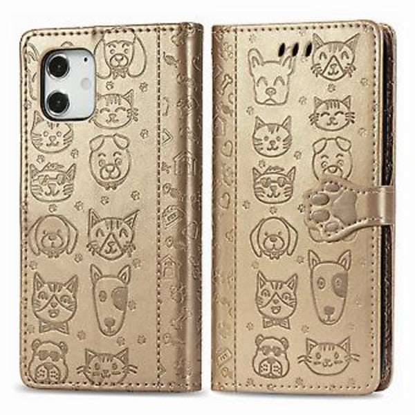 Sött katt- och hundpräglat fodral för iPhone 12 / 12 Pro Gold