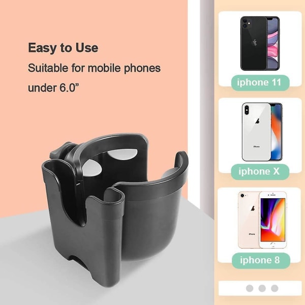 Barnvagnskopp och mobiltelefonhållare, 2-i-1 universell barnvagnsflaskhållare och mobiltelefonhållare, lämplig för barnvagnsrullstol