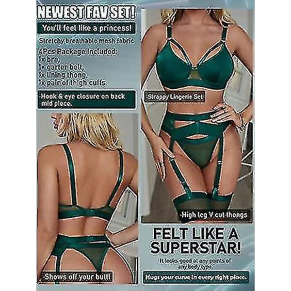 Sexy Undertøysett for Kvinner 4 Deler BH og Trusesett med Strømpebelte Stropp Undertøysett med Lår Mansjetter.XL.grønn Green XL