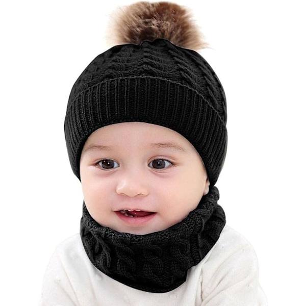 2PCS svart Toddler Baby Knit Hat Scarf, Termisk mjuk loop halsduk Un