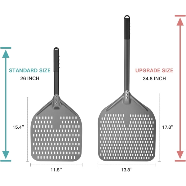 14\" perforerad pizzaskal, lång stång hårdanodiserad aluminium pizzaskal, superstor svängbar pizzaskal, professionell pizzapaddel, total storlek 34,8\"