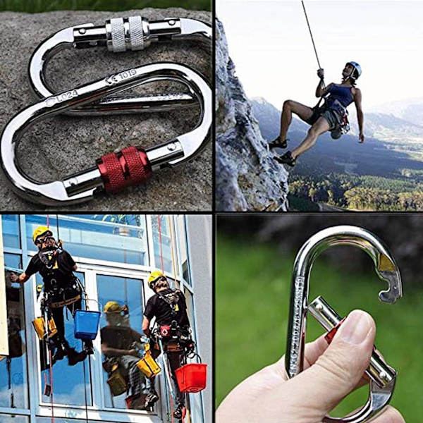 4-pack silverfärgade 25 kN hårda stålklättringskarabiner med fjäderlås