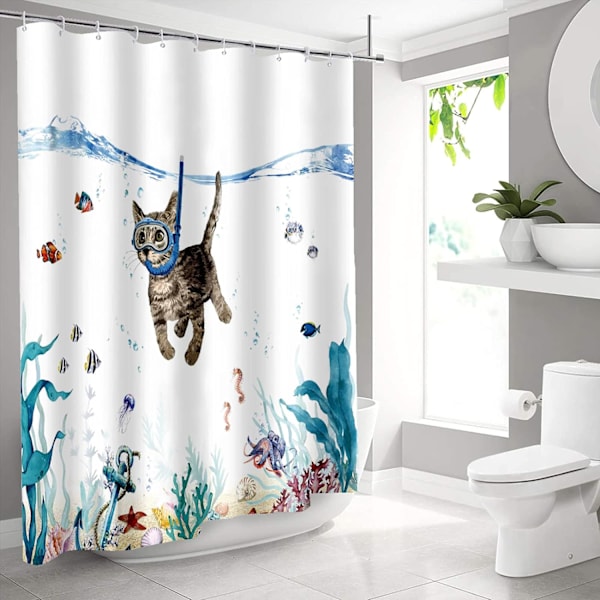 Søt katt dykking dusjforheng 180x180cm havdyr trykk bad
