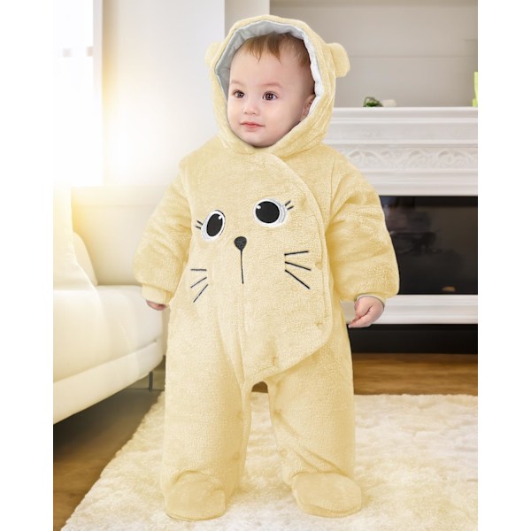 Babyhuvtröja i ull, snöjacka, tecknad jumpsuit, höst- och vinterkläder, gul, 6-9 månader