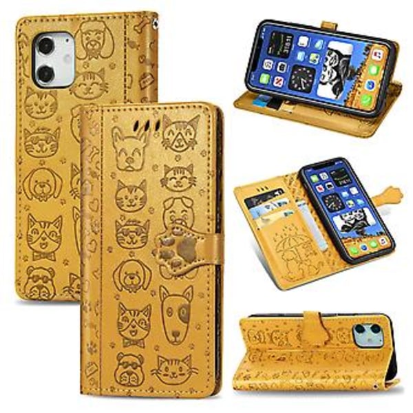 Sødt Kat og Hund Præget Etui til iPhone 12 / 12 Pro Yellow