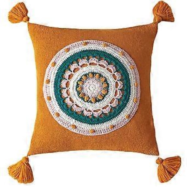 Boho-tyylinen neulottu koristetyynynpäällinen tupsuilla, värikäs pyöreä kukka-aiheinen tyyny Co Oranssi Orange