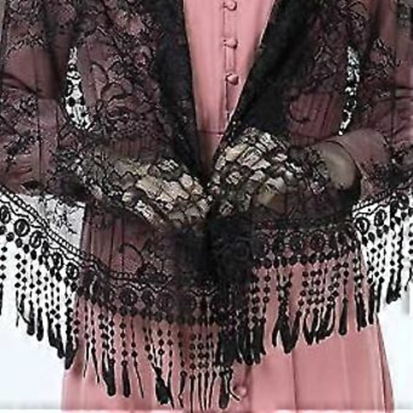Delikat Mantilla Slør Blondekant Sjal for Damer Mantilla Blomstersjal Bryllupsfest Hodeplagg Brude Tilbehør Svart Black