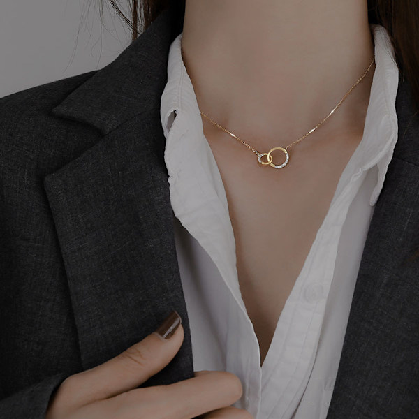 Trendy 925 sølv runde dobbel sirkel CZ zirkonia halskjeder og anheng for kvinner festgave choker gull