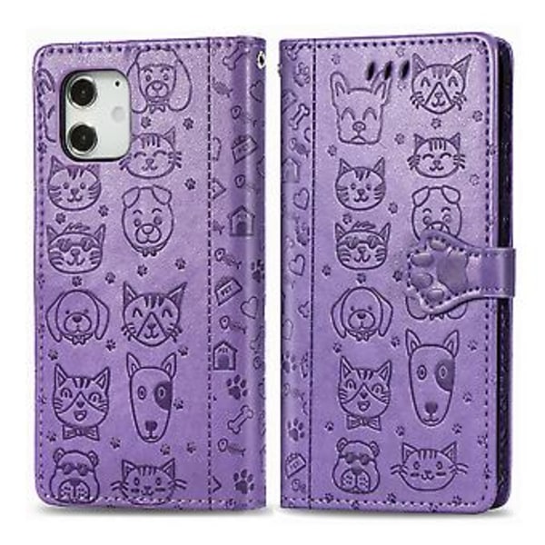 Sødt Kat og Hund Præget Etui til iPhone 12 / 12 Pro Purple