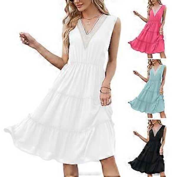 Sommer Daglig Elegant Kjole Ensfarvet Midi Kjoler Flydende Kant Ærmeløs Afslappet Ferie Stil Outfits til Kvinder Afslappet rosenrød M rose Red M