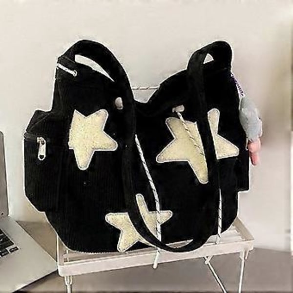 Axelväska för Kvinnor Corduroy Crossbody Väska Stilren Påse Portabel Handväska Satchel (Svart) Black