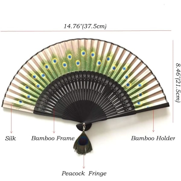 Sort Påfugl Silke Bambus Foldbar Fan, Inkluderer Silkepose, Japan