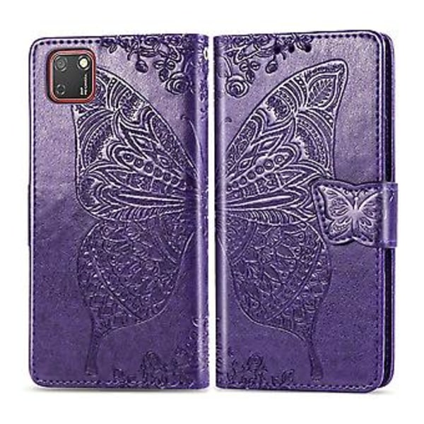 Huawei Y5P 2020 perhoskuvioinen kohokuvioitu vaakasuuntainen nahkakotelo jalustalla / korttipaikalla / lompakolla / kaulanauhalla Dark Purple