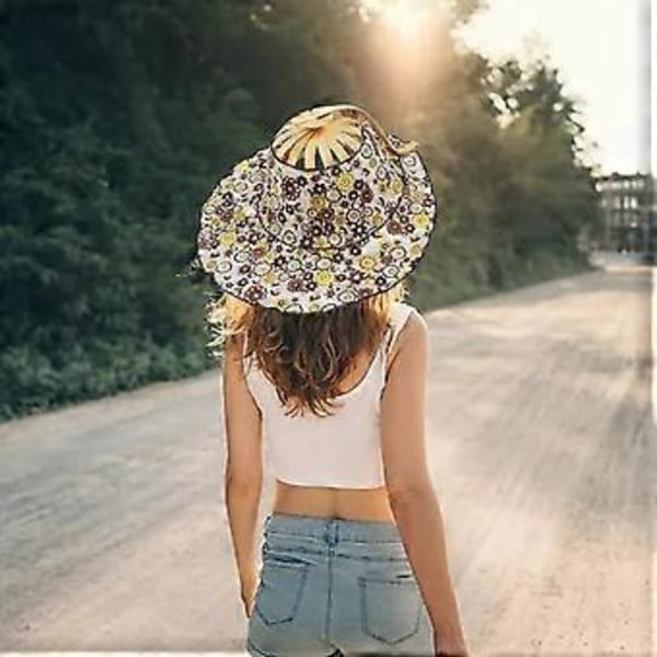 Bambusvifte Sammenleggbar Solhatt Blomstret Solbeskyttelseshette Lett Multifunksjonell Hul Design Bred Skygge Dame Sammenleggbar Viftehatt (gul blomst)