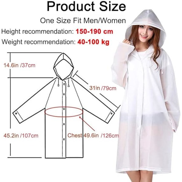 2-pack vuxenponcho vit, återanvändbar, regnrock för kvinnor, huva för