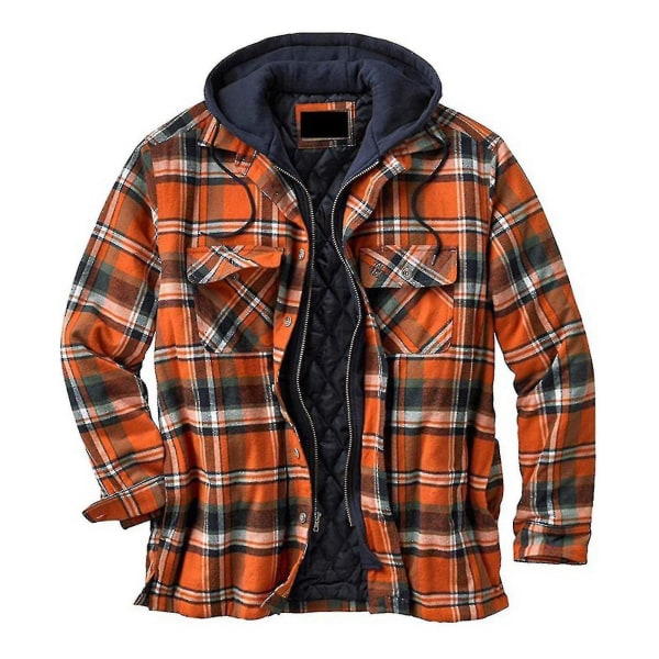 Quiltet Tyk Plaid Langærmet Løs Jakke Herre Hættetrøje Quiltet Foret Flanel.2XL.Orange Orange 2XL