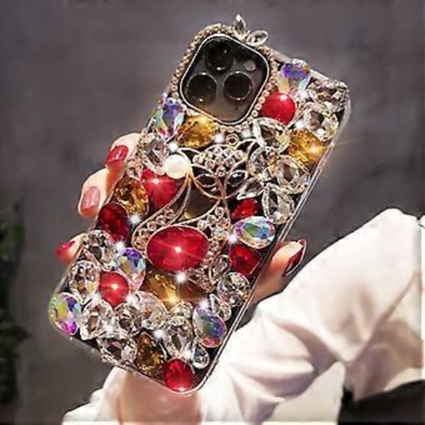 Kotelo yhteensopiva iPhone 13 Pro Max:n kanssa, 3D käsintehty ylellinen kiiltävä kristalli glitter strassi jalokivet kirkas kova PC-kotelo punainen A