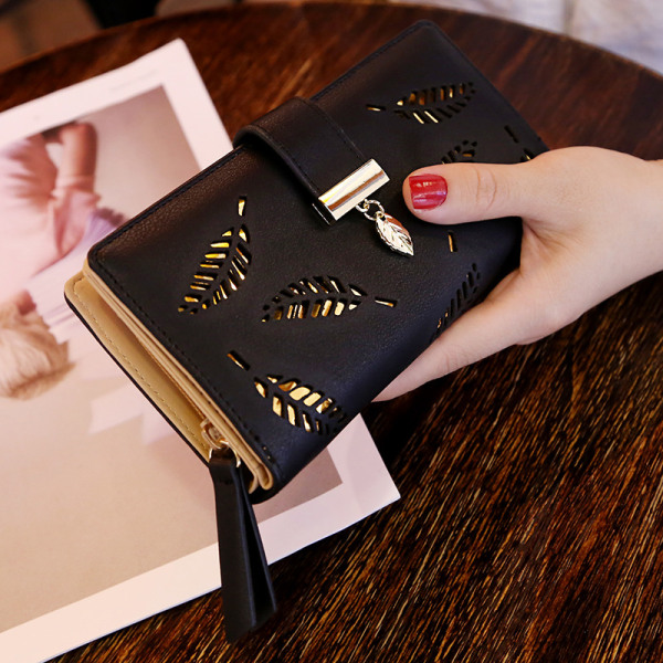 Dametæske Clutch Bag Bladhængende Mønt Lynlås Lang Tegnebog Sort