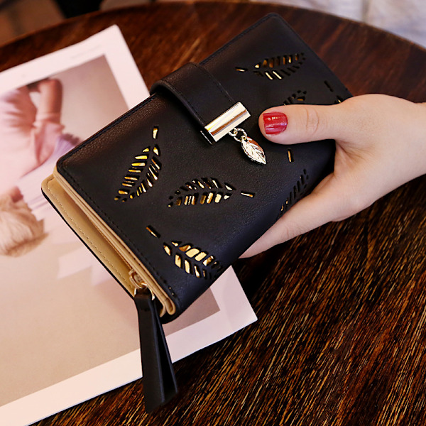 Damväska Clutch Plånbok Lövhänge Myntdragkedja Lång Plånbok Svart