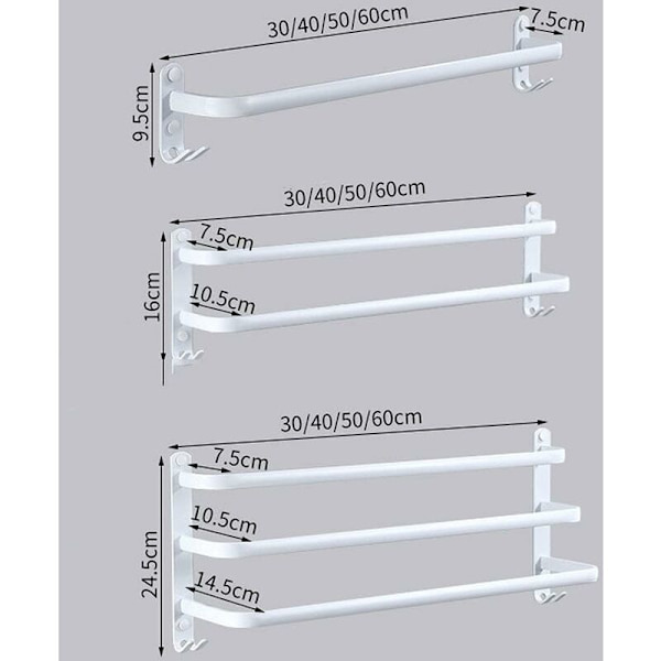 2-kerroksinen 40 cm valkoinen pyyhekuivain seinälle asennettava monitasoinen pyyhekuivain