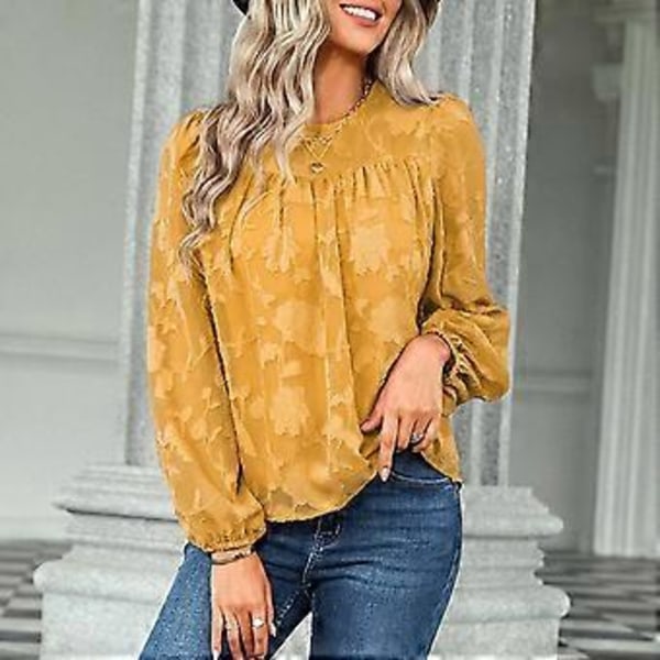 Dame Topp Høst Rund Hals Løs Myk Komfortabel Pustende Kvinne Chiffon Skjorte Gul L