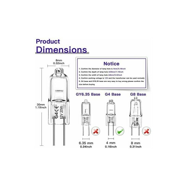 30 kpl G4 20W 12V 2800 K 2-napainen halogeenivalaisimia liesikuvun, 