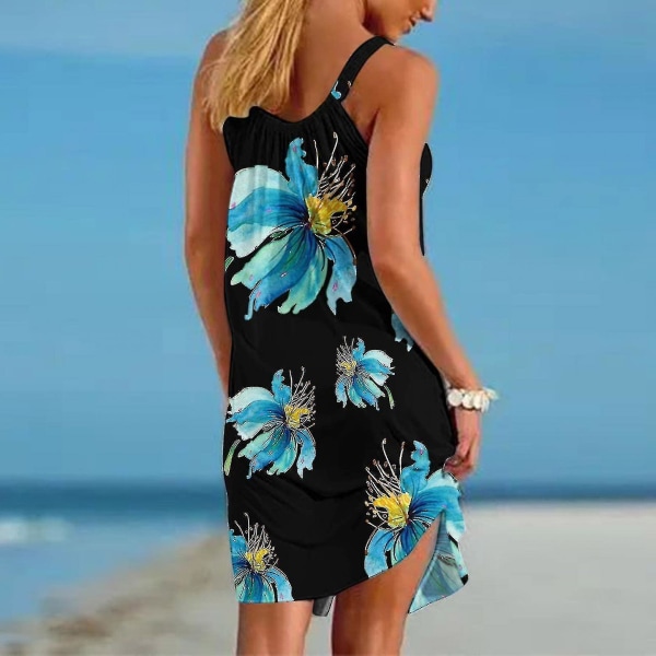Ermeløs blomsterkjole Casual Sommerkjole Mini Tank Kjole Kvinner Strandkjole Qxuan.L.Svart