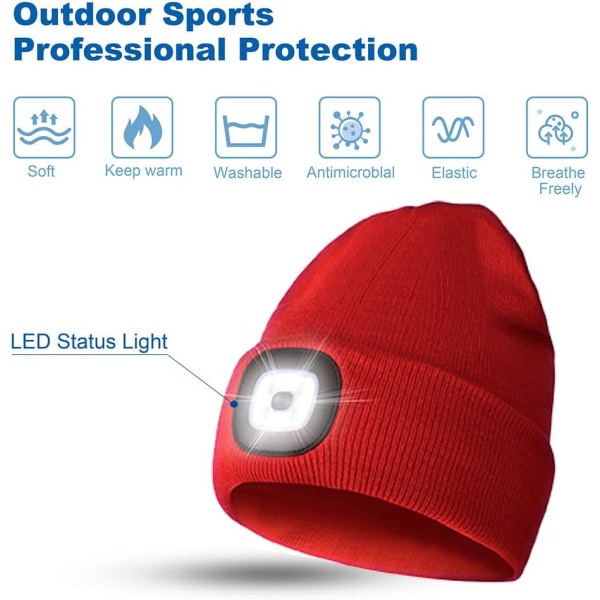 LED-hatt med ljus, unisex uppladdningsbar LED-strålkastarhatt, röd, Wa
