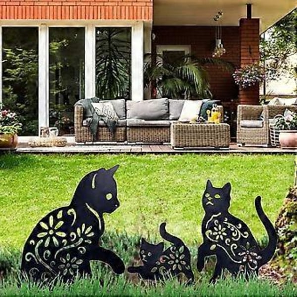 Nirvana Katte Hagekunst Hage Metallstatuer Deco, 3 stk. Katte Hul Silhuett Dyreform Stake Dekorasjoner, Svart