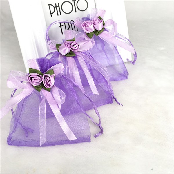 50 stk. 10x12cm gennemsigtige organzaposer, hvide rosebuketposer, slikposer, smykkeposer, bryllupsgaveposer, lys lilla
